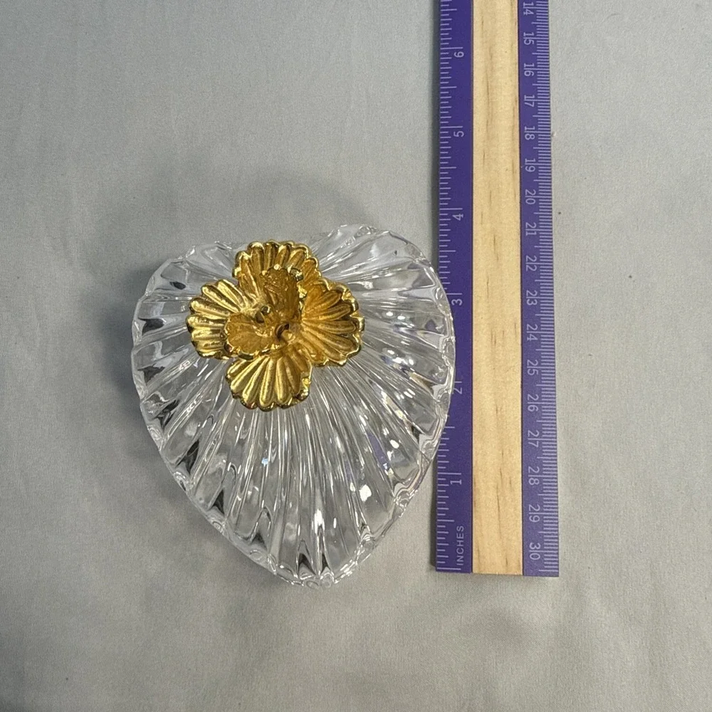 Vintage Italian Crystal Heart Shaped Jewelry Trinket Box with 3D Gold Flower